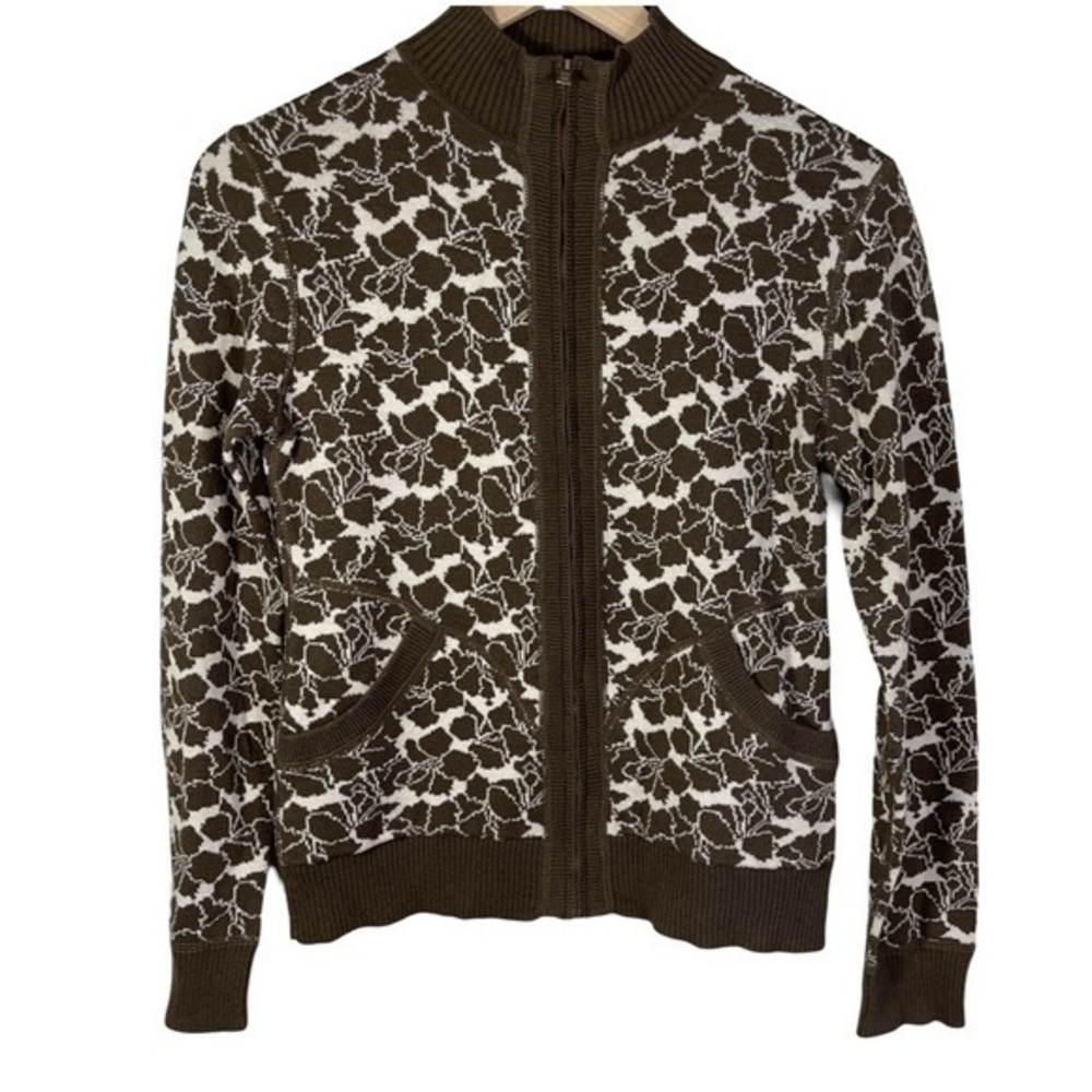 Title Nine Brown Floral Print Full Zip Sweater Women's Size S Pockets